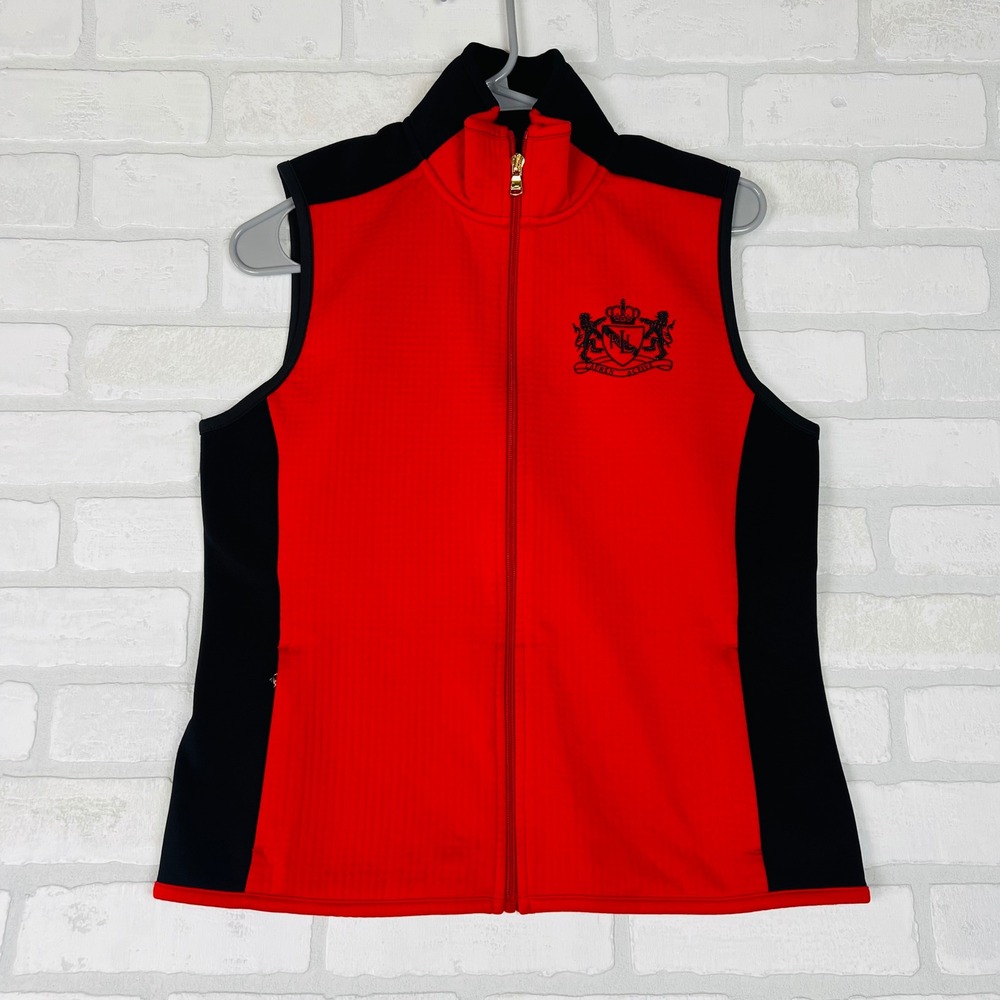 Lauren Active Ralph Lauren Women Red Black Crest Logo Full Zip Quilted Vest M